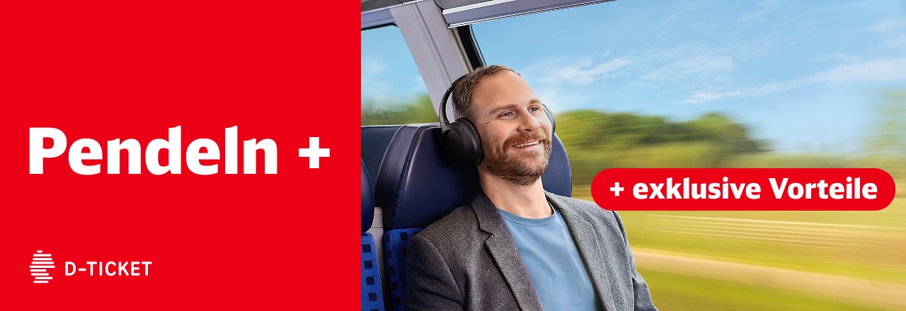 Mann im Regionalzug mit Kopfhörern, Schrift Pendeln +