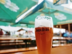 Bierglas vor Bierzelt-Bänken und Tischen