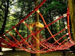 Rotes Stricknetz zwischen Baumstämmen