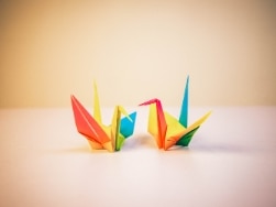 Zwei bunte Origami-Kraniche
