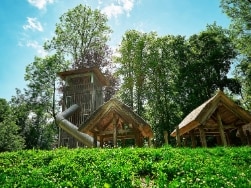 Holzhütten und Häuschen mit Rutsche vor Bäumen