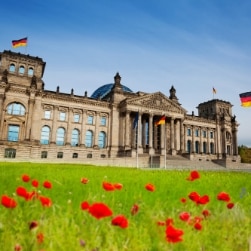 Reichstag view with red tulips and German flags