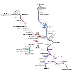 Die Streckenkarte des Mittelthüringer Akku-Netzes zeigt als Grafik folgende Strecken: RE 45 Erfurt – Arnstadt – Ilmenau <br/>RB 46 Erfurt – Arnstadt – Ilmenau <br/>RB 47 Erfurt – Arnstadt – Saalfeld<br/>RB 48 Fröttstädt – Friedrichroda<br/>RB 52 Erfurt – Bad Langensalza<br/>RB 53 Gotha – Bad Langensalza – Heilbad Heiligenstadt<br/>RE 55 Erfurt – Sondershausen – Nordhausen<br/>RB 56 Erfurt – Sondershausen – Nordhausen 