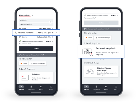 Zusätzlich zu dem vorstehenden Text enthält die Grafik folgende Information: <br/>Im Bereich "Buchen" in der App wird der Bereich zur Fahrradmitnahme farblich hervorgehoben. <br/>Auf dem 2. Screen wird ein Bereich namens "Regionale Angebote" farblich hervorgehoben. Er befindet sich in der App unter dem Bereich Tickets &amp; Angebote. 
