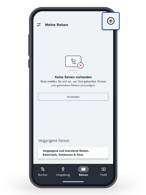 Zusätzlich zu dem vorstehenden Text enthält die Grafik folgende Information: <br/>Auf dem Screen eines Mobiltelefons wird oben rechts in Ecke ein Plus-Feld hervorgehoben, mit dem man ein Ticket in die App laden kann.