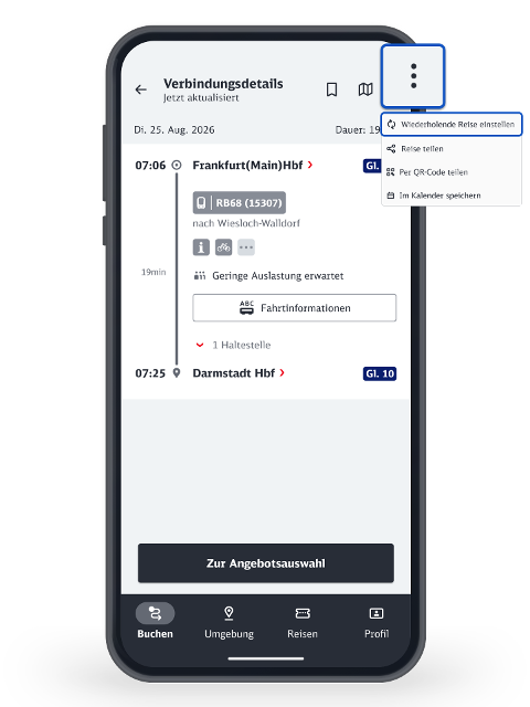 Zusätzlich zu dem vorstehenden Text enthält die Grafik folgende Information: <br/>Auf dem Screen eines Mobiltelefons wird oben rechts in Ecke ein Feld mit 3 Punkten hervorgehoben, mit dem Sie in den Verbindungsdetails die Reise als wiederholende Reise speichern können.