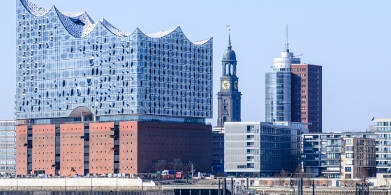 Hamburg view at harbour city with St Michaelis Church and Elbe Philharmonic Hall
