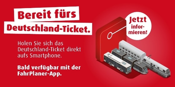 Keyvisual mit Schrift auf rotem Grund "Bereit fürs Deutschland-Ticket"