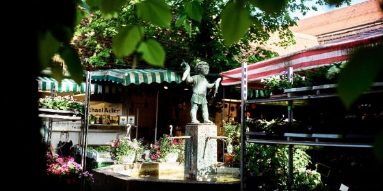 Brunnenstatue neben Marktständen und Blumen