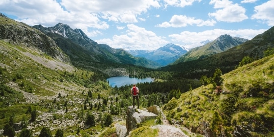 Man overlooking stunning Alpine landscape, Switzerland