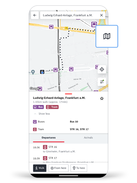 Screenshot vom DB Navigator. Es wird eine Umgebungskarte mit Fußweg angezeigt. 