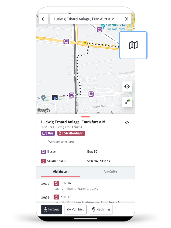Screenshot vom DB Navigator mit Umgebungskarte & angezeigtem Fußweg zum Bahnhof.