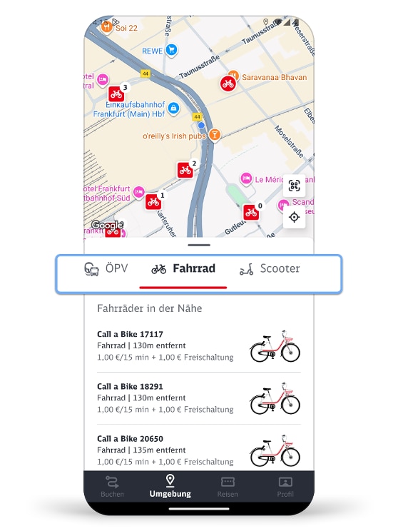 Screenshot zeigt den Wechsel zur Ansicht Fahrrad