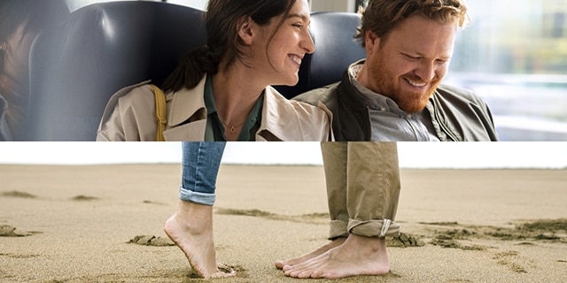 Paar im Zug und am Strand, Freizeitkampagne Urlaub in Deutschland