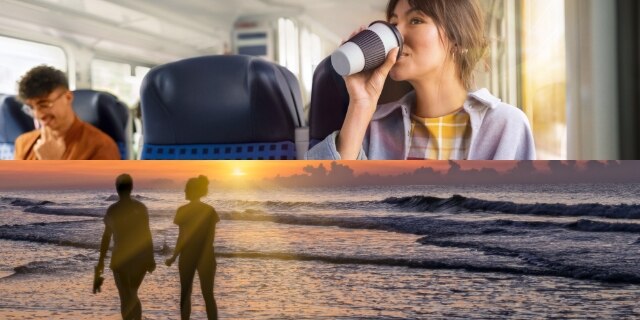 Zweigeteiltes Bild, oben sitzt Frau im Regionalzug und trinkt Kaffee, unten gehen zwei Menschen am Strand im Sonnenuntergang
