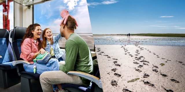 Bild von Familie im Zug links, Bild von Wattenmeer rechts