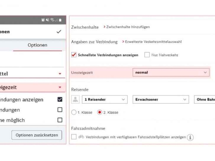 Screenshot von DB Navigator und bahn.de, der zeigt, wie man bei der Ticketbuchung die Umsteigezeit anpassen kann.