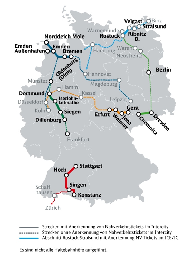 Die Grafik bildet das Liniennetz und Ortsnamen der oben genannten Verbindungen innerhalb Deutschlands ab. Die Legende beschreibt folgende Inhalte: Durchgehende Linien: Strecken mit Anerkennung....; Gestrichelte Linien: Strecken ohne Anerkennung...; Blaue Linie: Abschnitt Rostock .... In der Grafik sind nicht alle Hauptbahnhöfe aufgeführt.