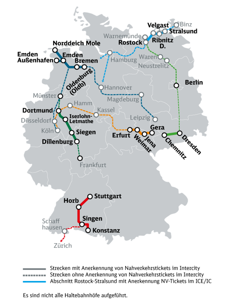 Auf dieser Karte sehen Sie, welche Strecken für die Fahrradmitnahme freigegeben sind