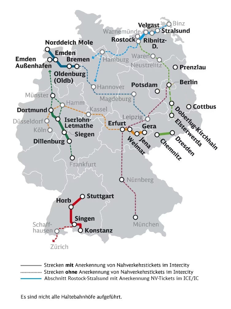 Deutschland-Karte mit den freigegebenen Nahverkehrsstrecken