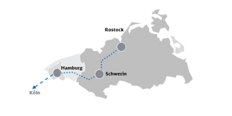 Die Karte zeigt die Strecke Rostock-Berlin-Hamburg