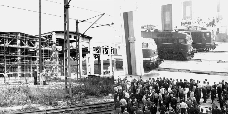 Bild links: 1969/70 die neue TE-Halle im Bau; Bild rechts: Feierliche Übergabe der neuen TE-Halle