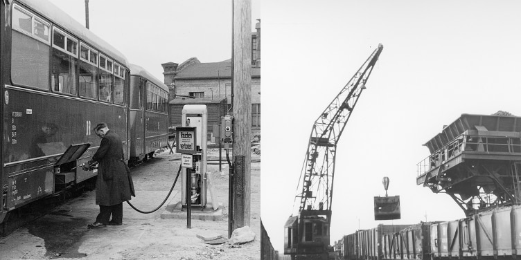 Bild links: 1963 Ein Schienenbus/LVT wird betankt; Bild rechts: Bw Erfurt G 1963