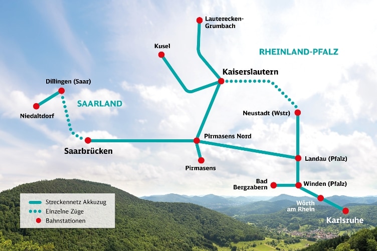 Dargestellt ist das Liniennetz des Akkuzugs