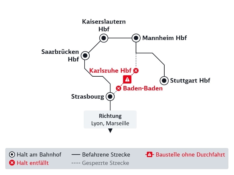 Diese Karte zeigt Verbindungen von Karlsruhe nach Freiburg, die im folgenden Fließtext detailliert beschrieben sind.