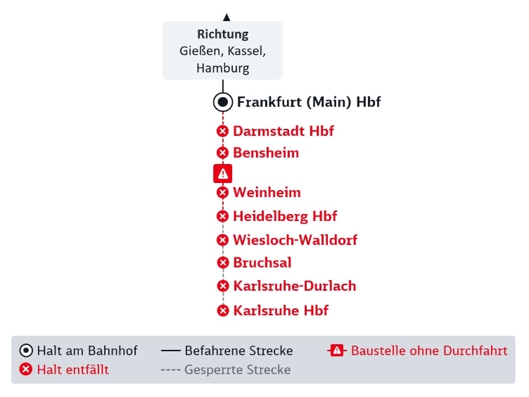 Diese Karte zeigt Verbindungen von Frankfurt nach Heidelberg, die im folgenden Fließtext detailliert beschrieben sind.