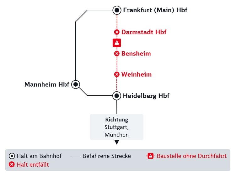 Diese Karte zeigt Verbindungen von Frankfurt nach Heidelberg, die im folgenden Fließtext detailliert beschrieben sind.