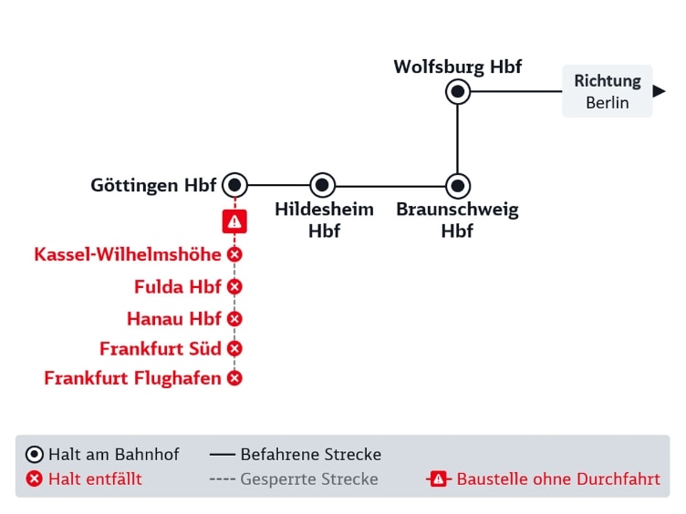 Linienplan Baustelle Kassel-Göttingen, im nachfolgenden Text beschrieben.
