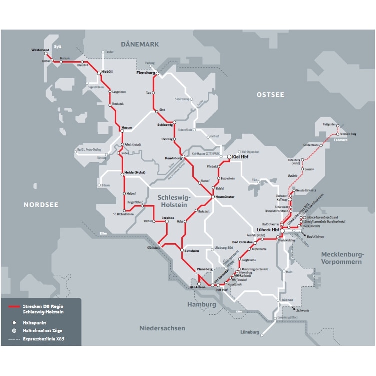 Karte mit den Bahnlinien in Schleswig-Holstein
