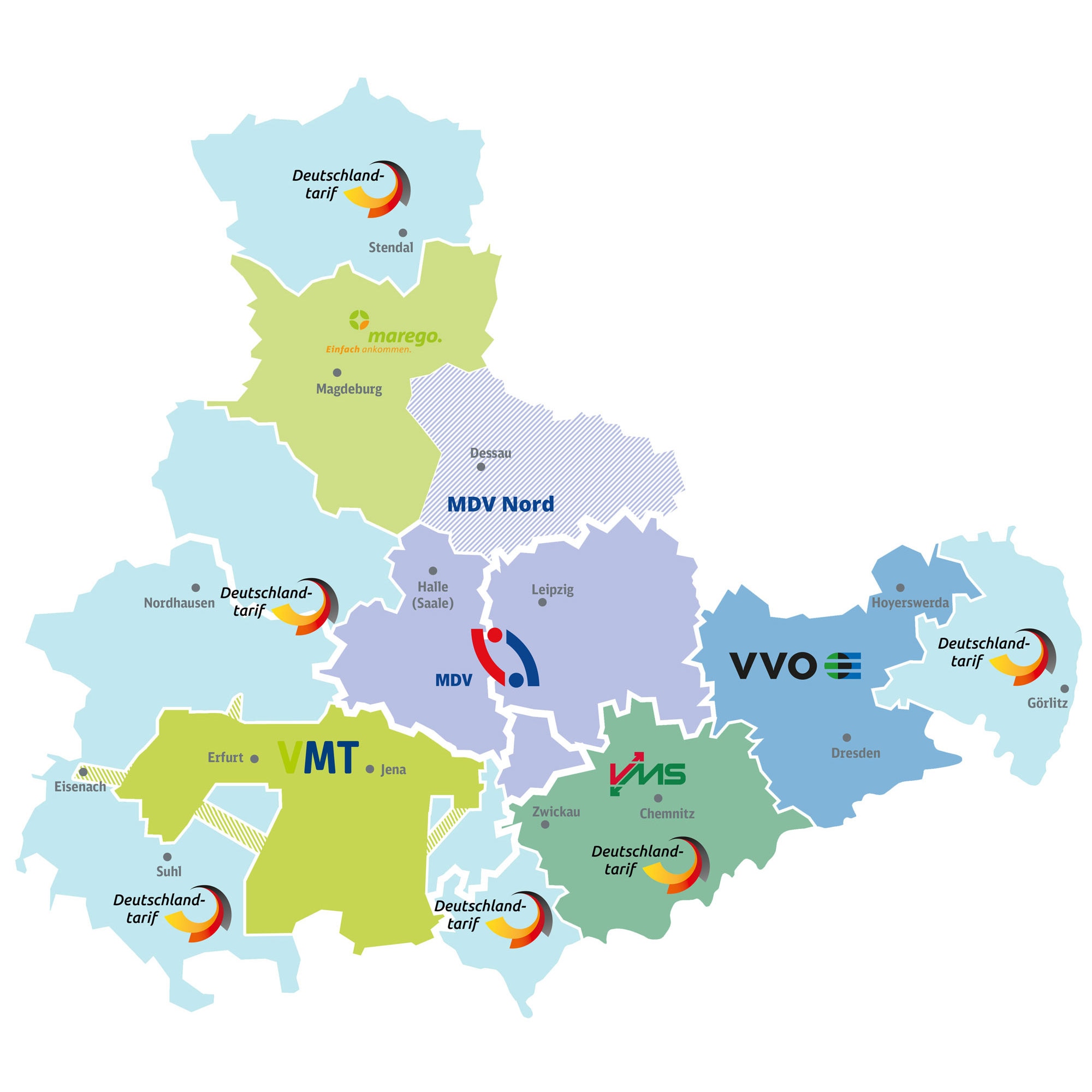 Auf der Karte sind die Verbundgebiete für Sachsen, Sachsen-Anhalt und Thüringen eingezeichnet.