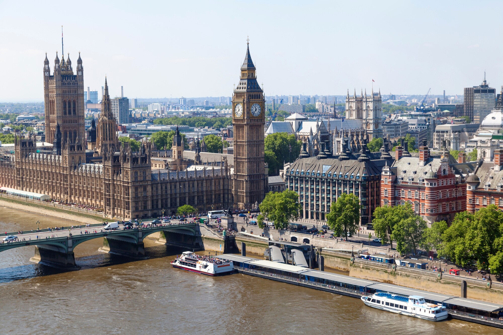 aerial view of London with the famous Big Ben and the Westminster Palace