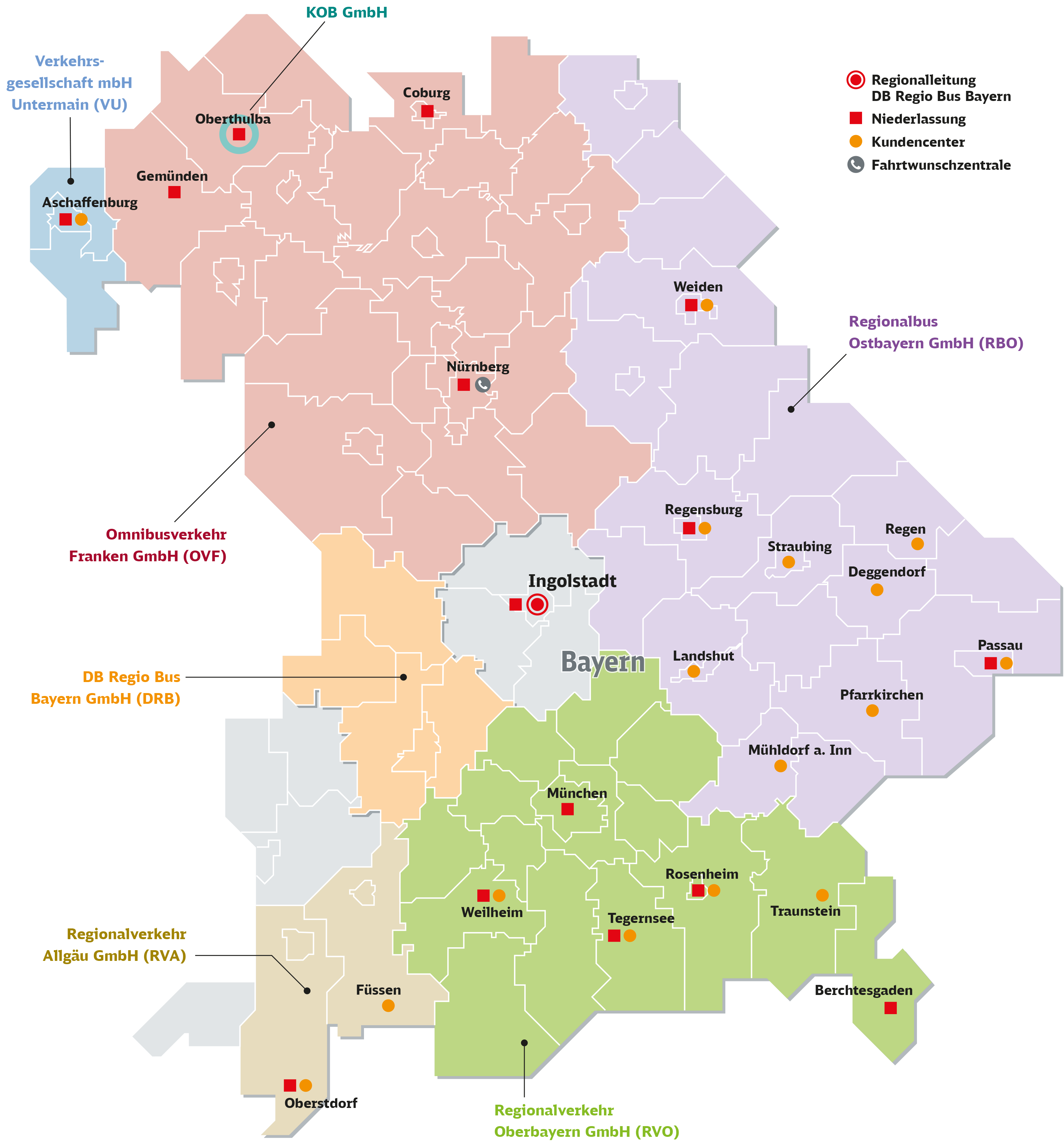 Bediengebiete der Busgesellschaften von DB Regio Bus, Region Bayern auf Bayernkarte