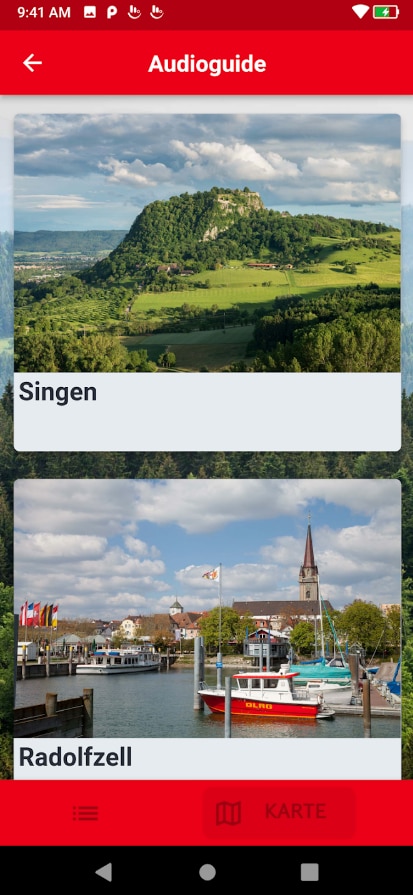 Geöffnete Audioguide App mit 2 Kacheln, in denen Städte zu sehen sind