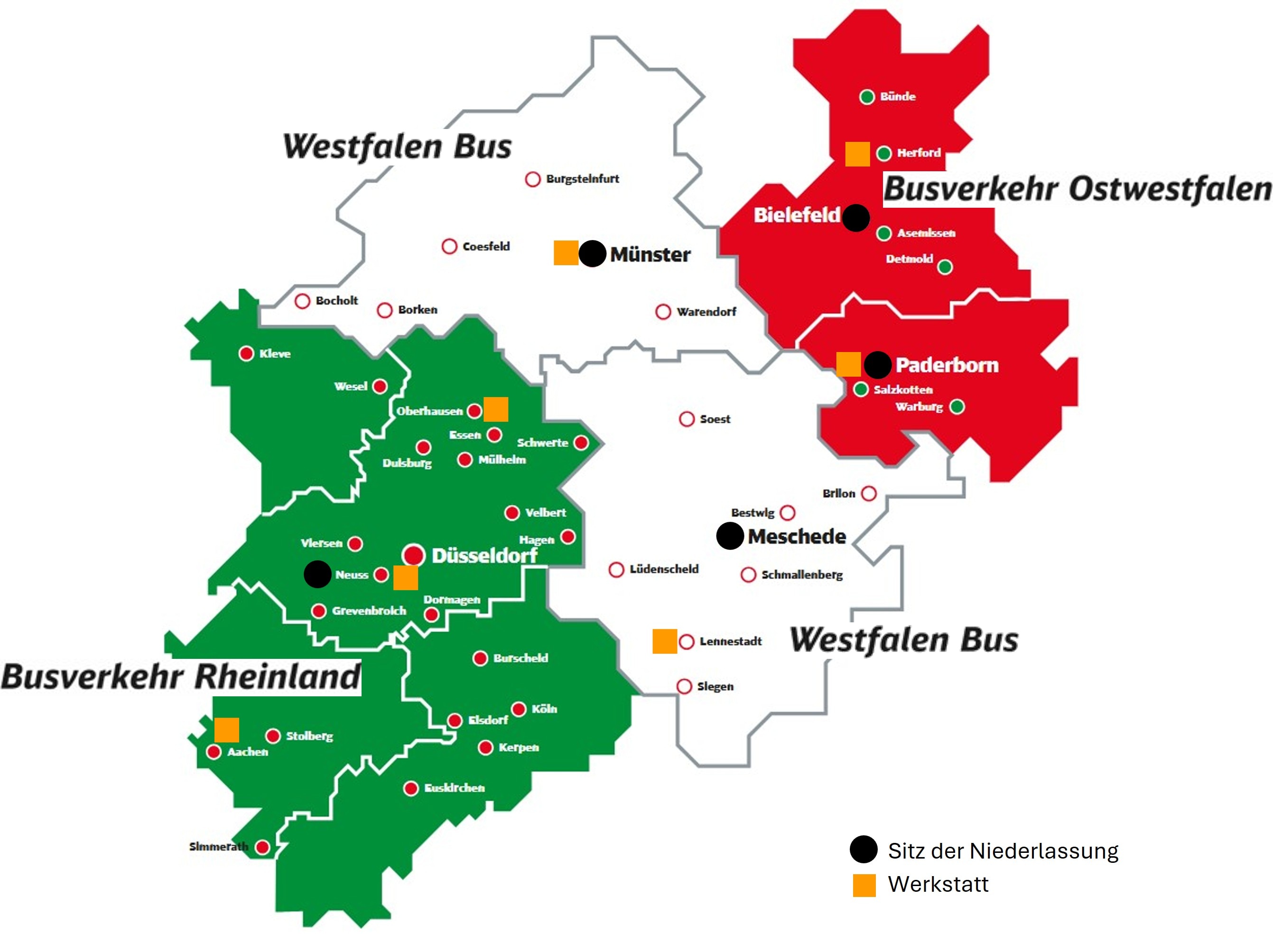 Gesellschaftskarte zeigt die drei Gesellschaften BVO Busverkehr Ostwestfalen GmbH, BVR Busverkehr Rheinland GmbH und WB Westfalen Bus GmbH