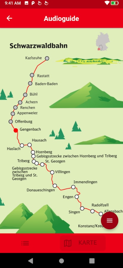 Geöffnete App mit der illustrierten Streckenkarte der Schwarzwaldbahn