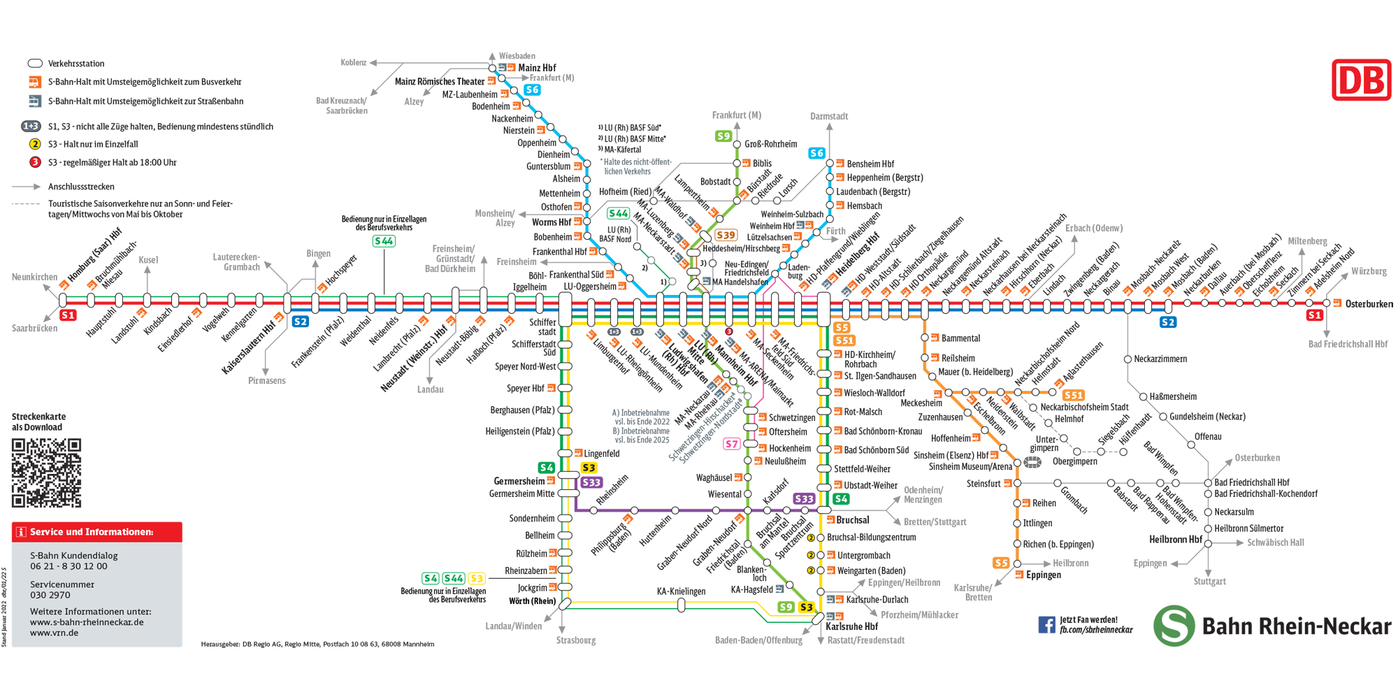 Streckenkarte der S-Bahn Rhein-Neckar